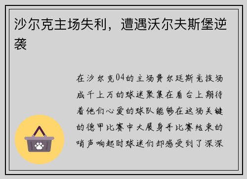 沙尔克主场失利，遭遇沃尔夫斯堡逆袭