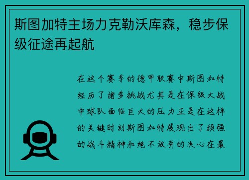 斯图加特主场力克勒沃库森，稳步保级征途再起航